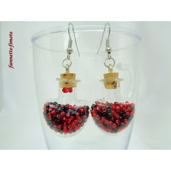 Boucles d'oreilles "Fiole Coeur Verre + Perles de Rocaille" Rouge/Noir