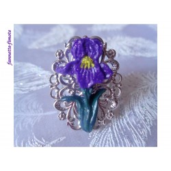 Bague Ovale Filigrane Argentée Fleur Fimo "Iris" Violet