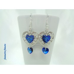 Boucles d'oreilles Coeur argent + Swarovski Bleu