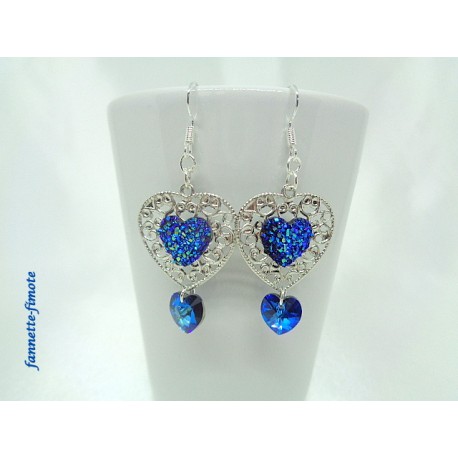 Boucles d'oreilles Coeur argent + Swarovski Bleu