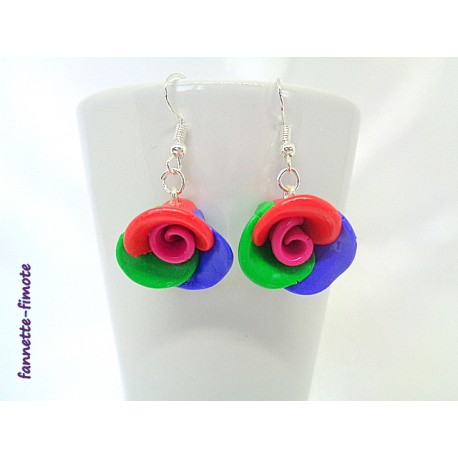 Boucles d'oreilles Fimo "Rose" Multicolore