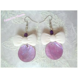 Boucles d'oreilles Fimo "Noeud Papillon" Blanc + Nacre Violette